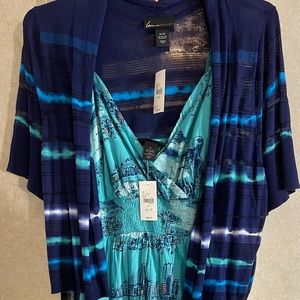 Knee length strappy sundress with cardigan.